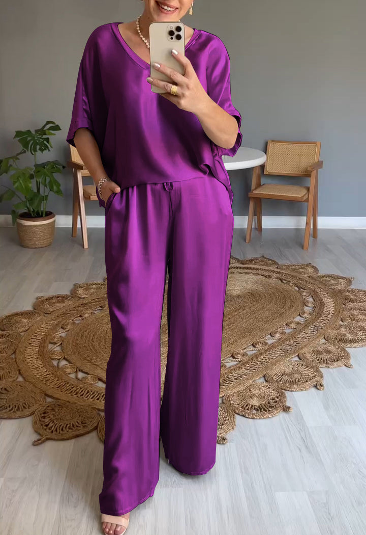 Two-Piece Satin V-Neck Set – Cressida – Purple