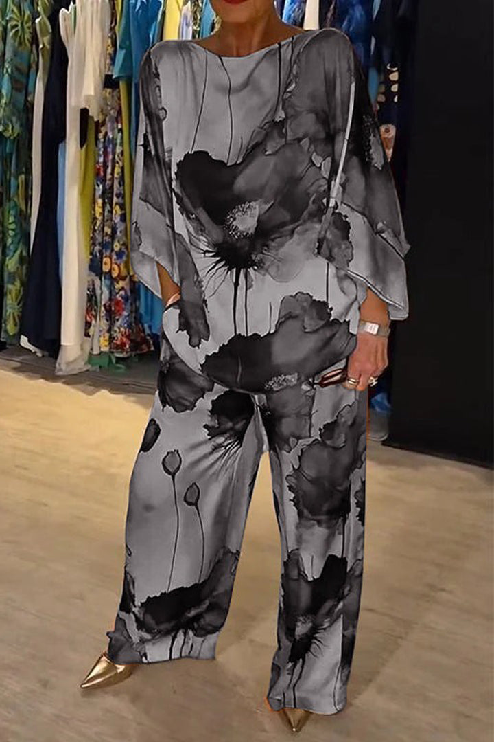 Casual Printed Satin Crewneck Set – Vivian – Gray