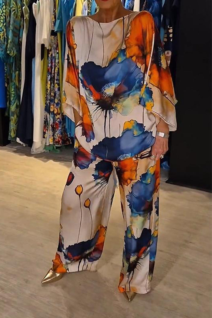 Casual Printed Satin Crewneck Set – Vivian – Blue