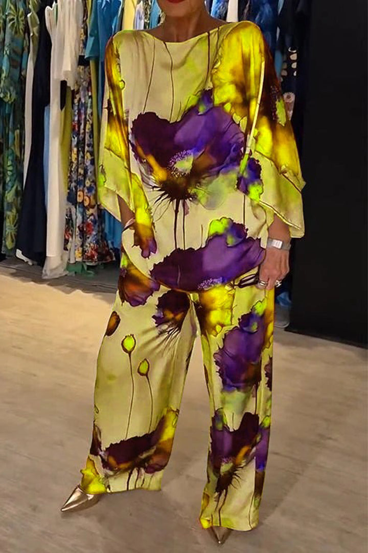 Casual Printed Satin Crewneck Set – Vivian – Yellow