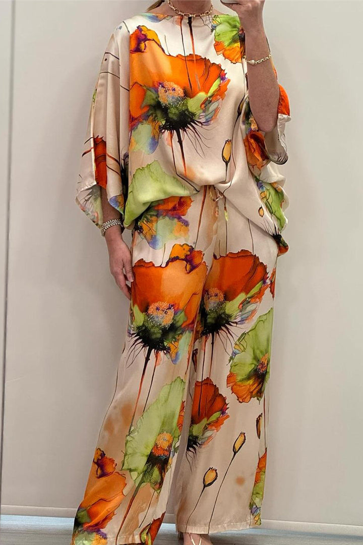 Casual Printed Satin Crewneck Set – Vivian – Orange