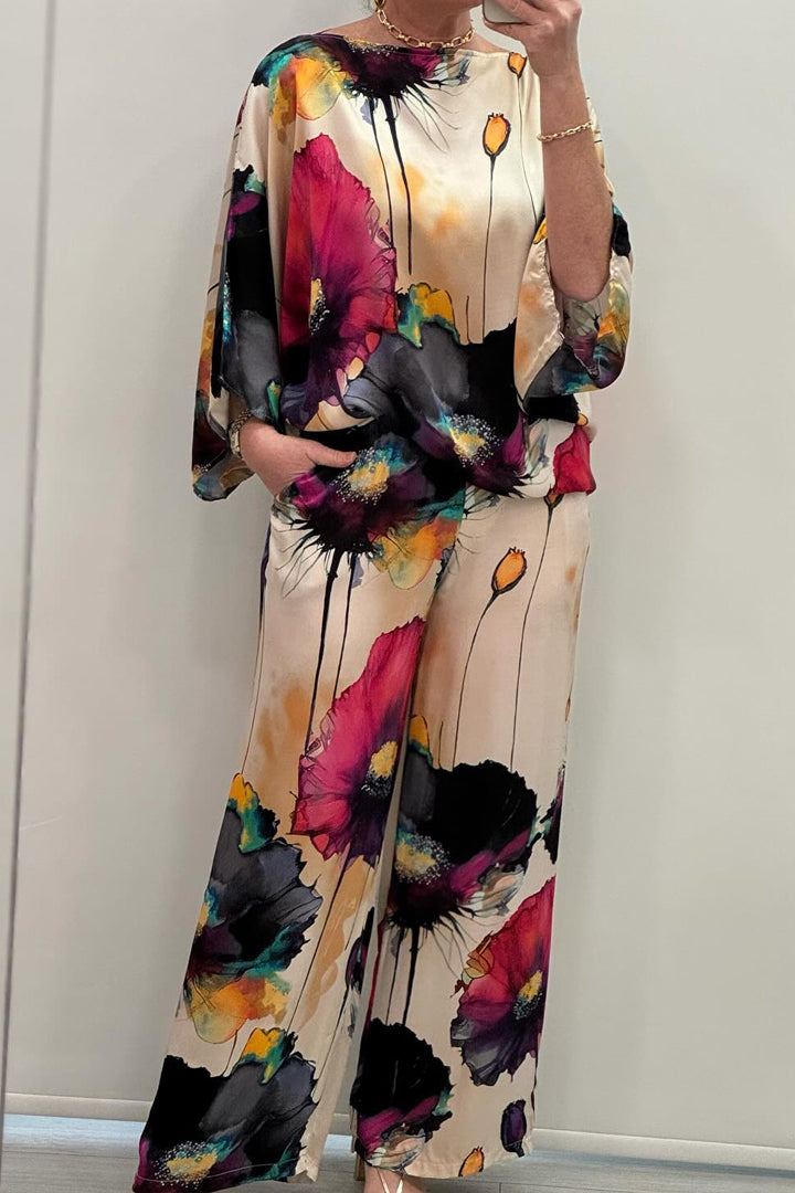 Casual Printed Satin Crewneck Set – Vivian – Black