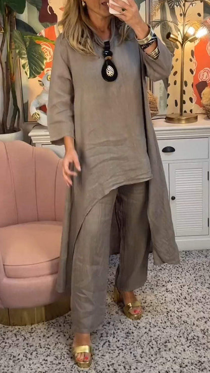 Two-Piece Cotton-Linen Long-Sleeve Crewneck Set – Susanna – Brown