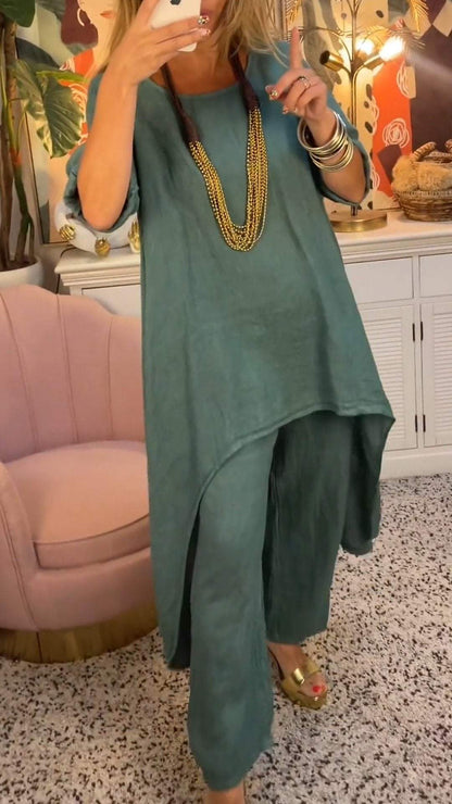 Two-Piece Cotton-Linen Long-Sleeve Crewneck Set – Susanna – Green