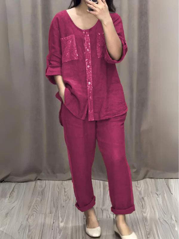 Two-Piece Cotton-Linen Set – Aurora – Rose Red