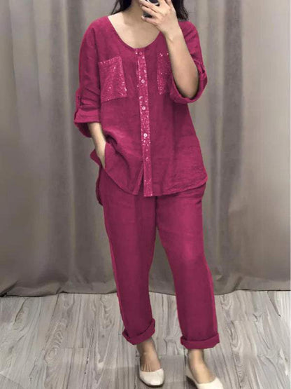 Two-Piece Cotton-Linen Set – Aurora – Rose Red