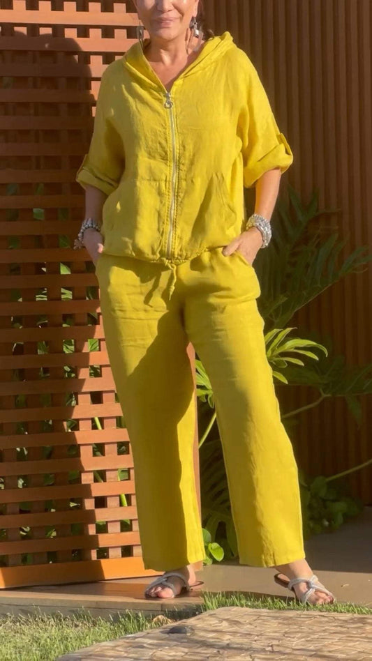 Casual Two-Piece Cotton-Linen Set with Zip Hoodie – Maia – Yellow