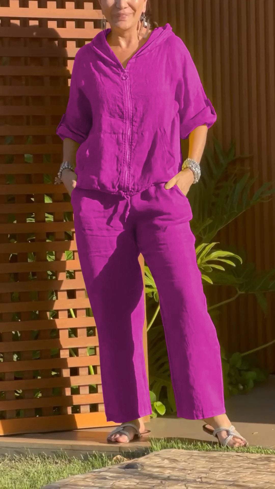 Casual Two-Piece Cotton-Linen Set with Zip Hoodie – Maia – Purple