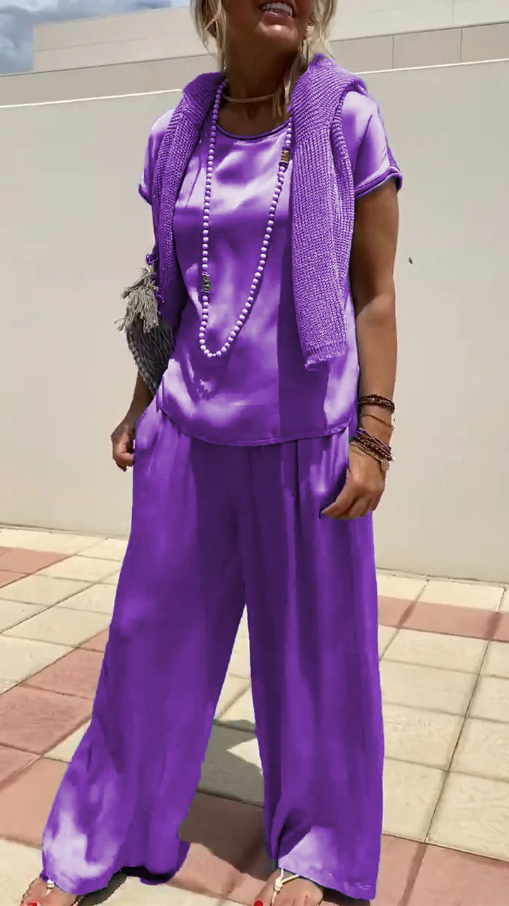 Two-Piece Satin Short-Sleeve Crewneck Set – Calla – Purple