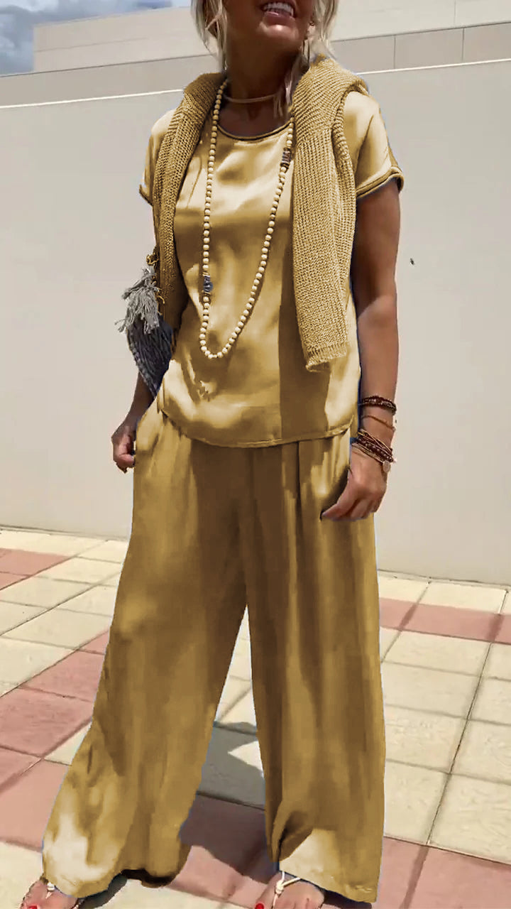 Two-Piece Satin Short-Sleeve Crewneck Set – Calla – Gold