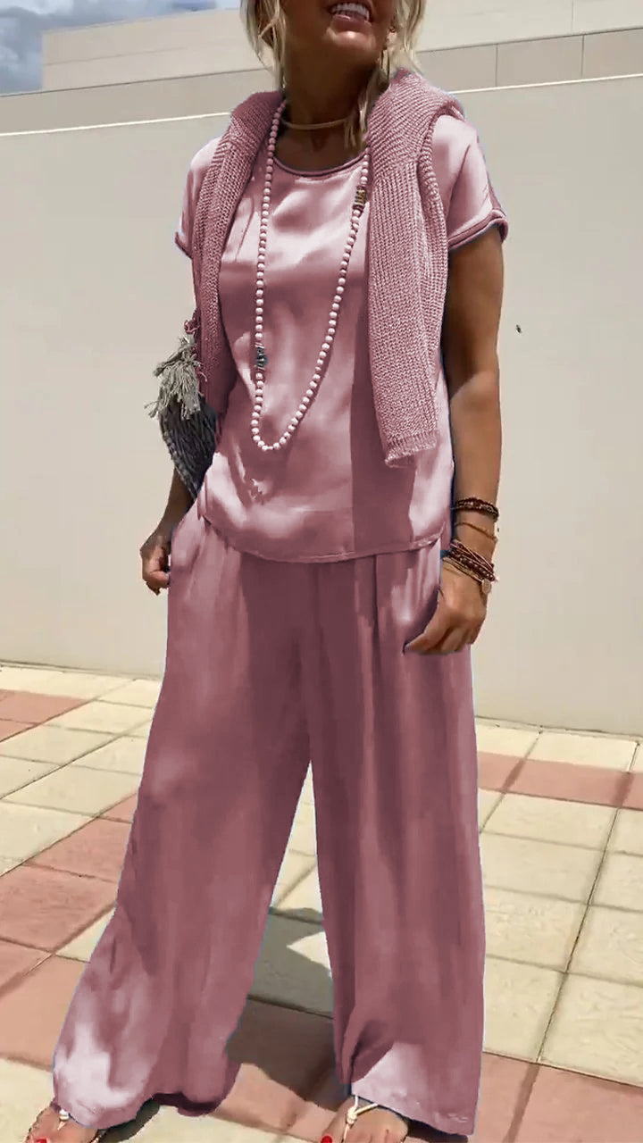 Two-Piece Satin Short-Sleeve Crewneck Set – Calla – Pink