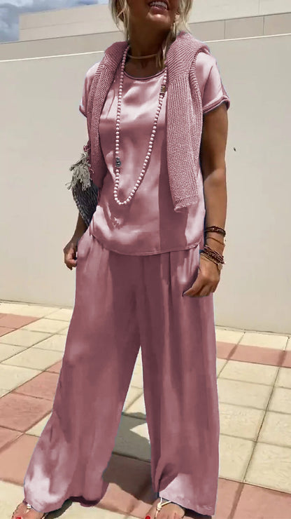 Two-Piece Satin Short-Sleeve Crewneck Set – Calla – Pink