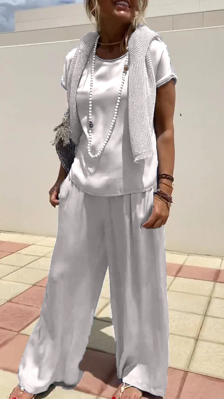 Two-Piece Satin Short-Sleeve Crewneck Set – Calla – White