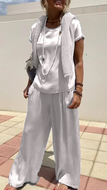 Two-Piece Satin Short-Sleeve Crewneck Set – Calla – White
