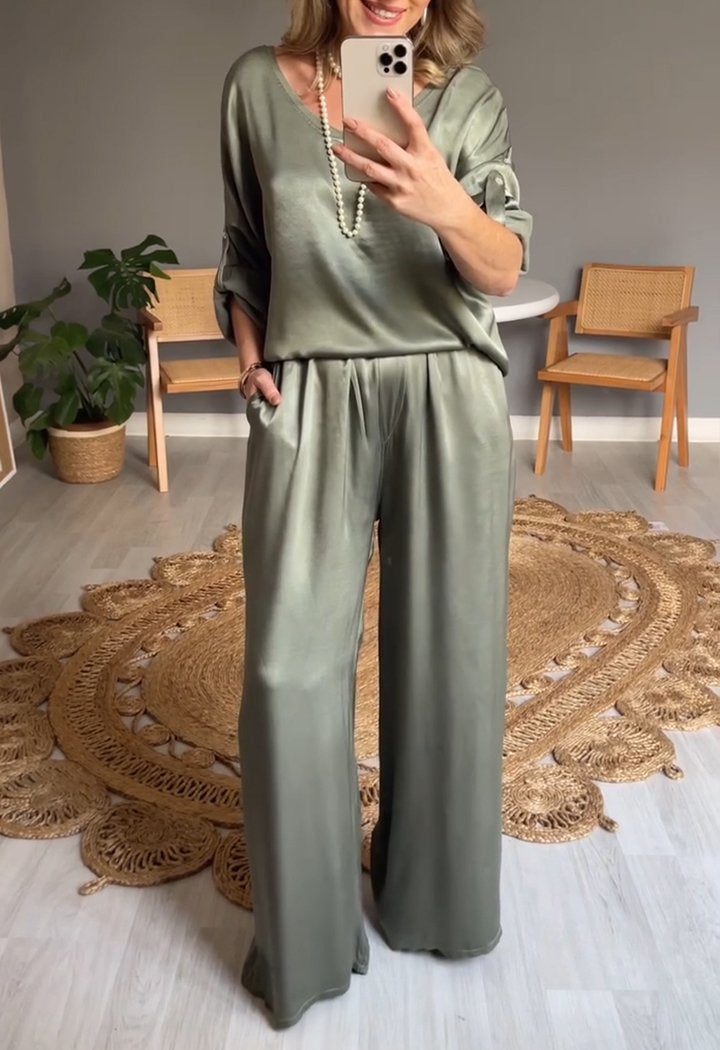 Two-Piece Satin Crewneck Set with Elbow Sleeves – Leonora