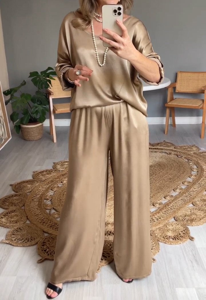 Two-Piece Satin Crewneck Set with Elbow Sleeves – Leonora – view 5