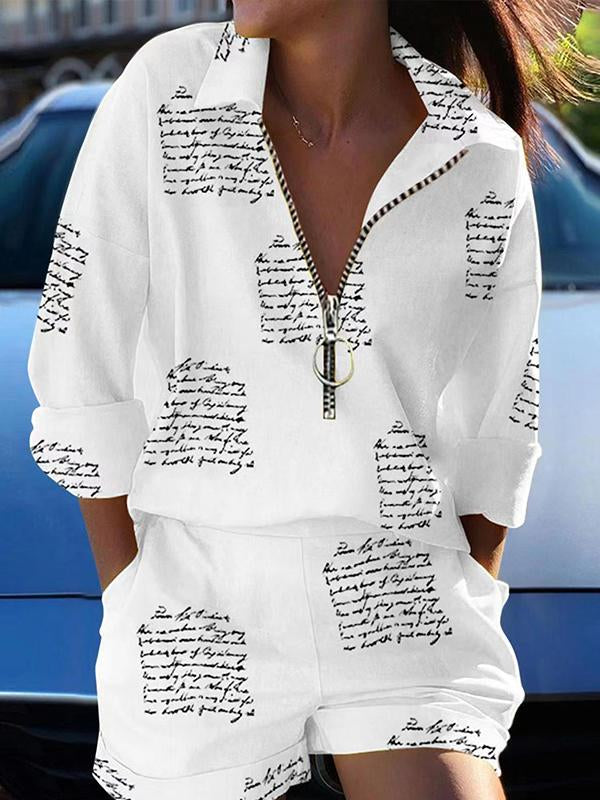 Two-Piece Set with Long-Sleeve Zip Top and Shorts – Georgia – White