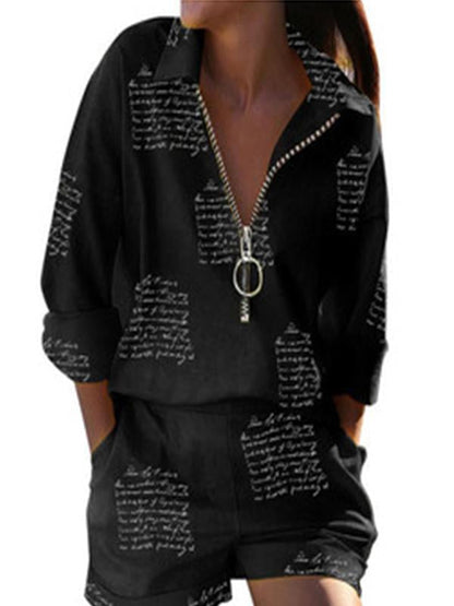 Two-Piece Set with Long-Sleeve Zip Top and Shorts – Georgia – Black