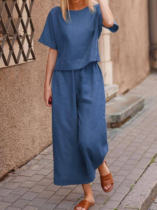 Two-Piece Set with Solid Relaxed Shirt and Pants – Lorelei – Blue