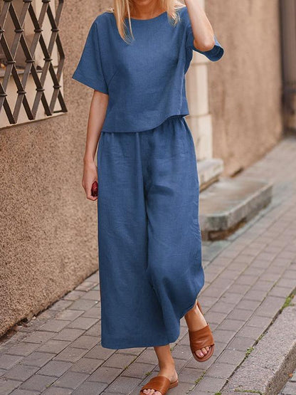 Two-Piece Set with Solid Relaxed Shirt and Pants – Lorelei – Blue