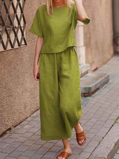 Two-Piece Set with Solid Relaxed Shirt and Pants – Lorelei – Cyan