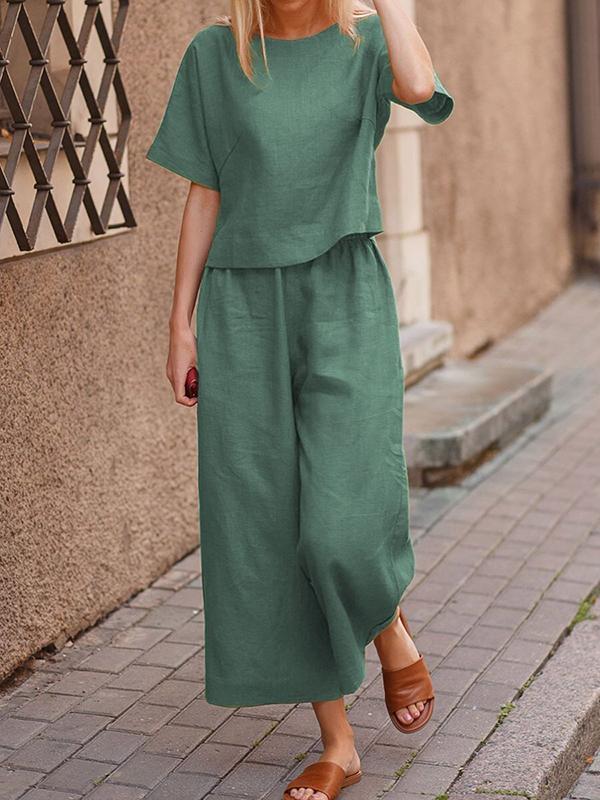 Two-Piece Set with Solid Relaxed Shirt and Pants – Lorelei – Green