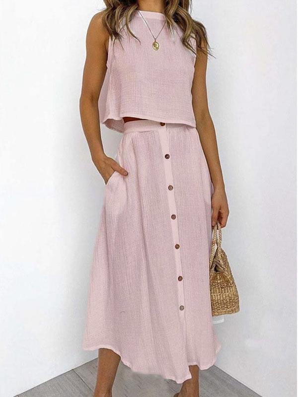 Sleeveless Tee and Button Dress Set – Winifred – Pink