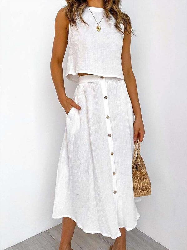 Sleeveless Tee and Button Dress Set – Winifred – White