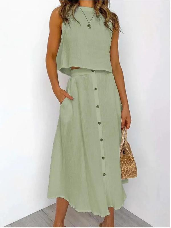 Sleeveless Tee and Button Dress Set – Winifred – Green