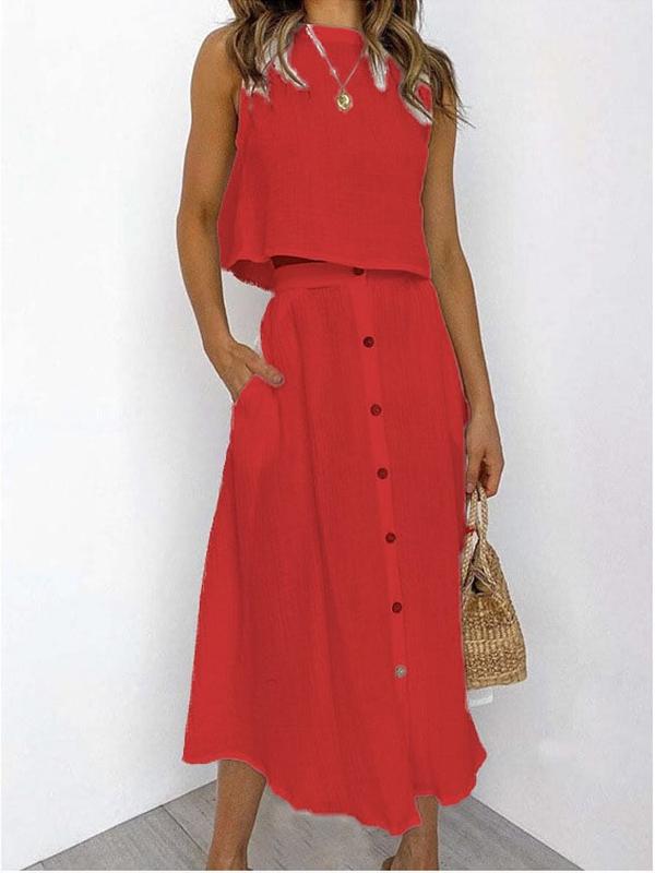 Sleeveless Tee and Button Dress Set – Winifred – Red