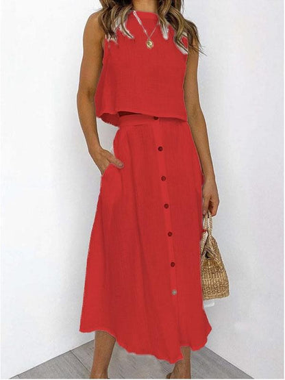 Sleeveless Tee and Button Dress Set – Winifred – Red