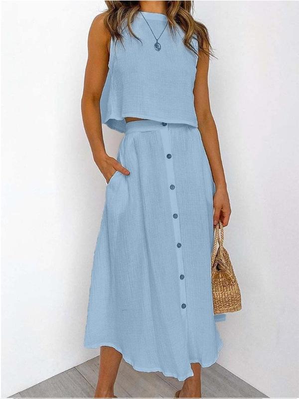 Sleeveless Tee and Button Dress Set – Winifred – Blue