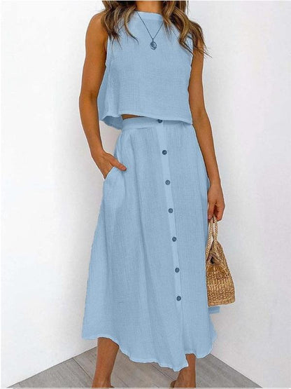 Sleeveless Tee and Button Dress Set – Winifred – Blue