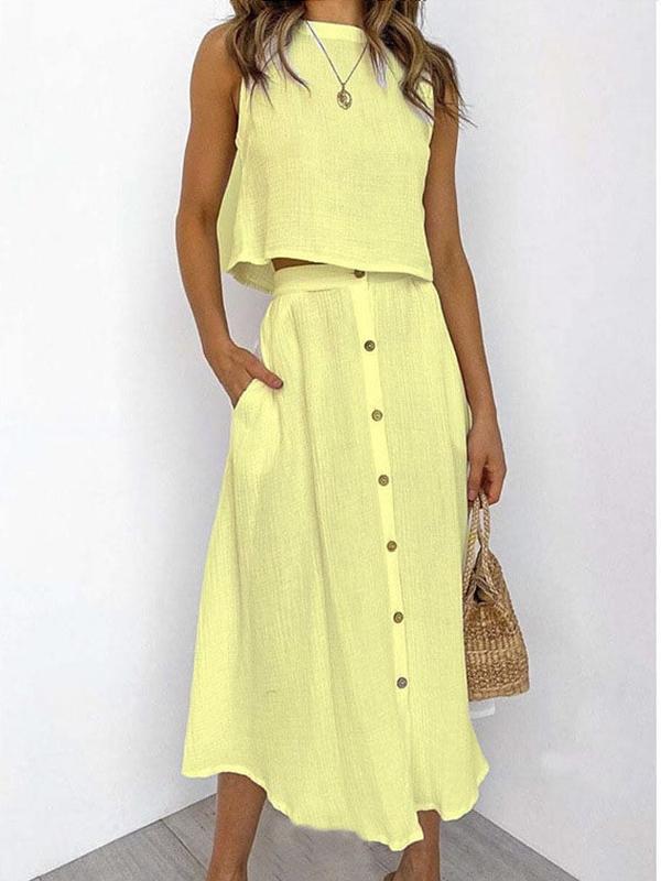 Sleeveless Tee and Button Dress Set – Winifred – Yellow