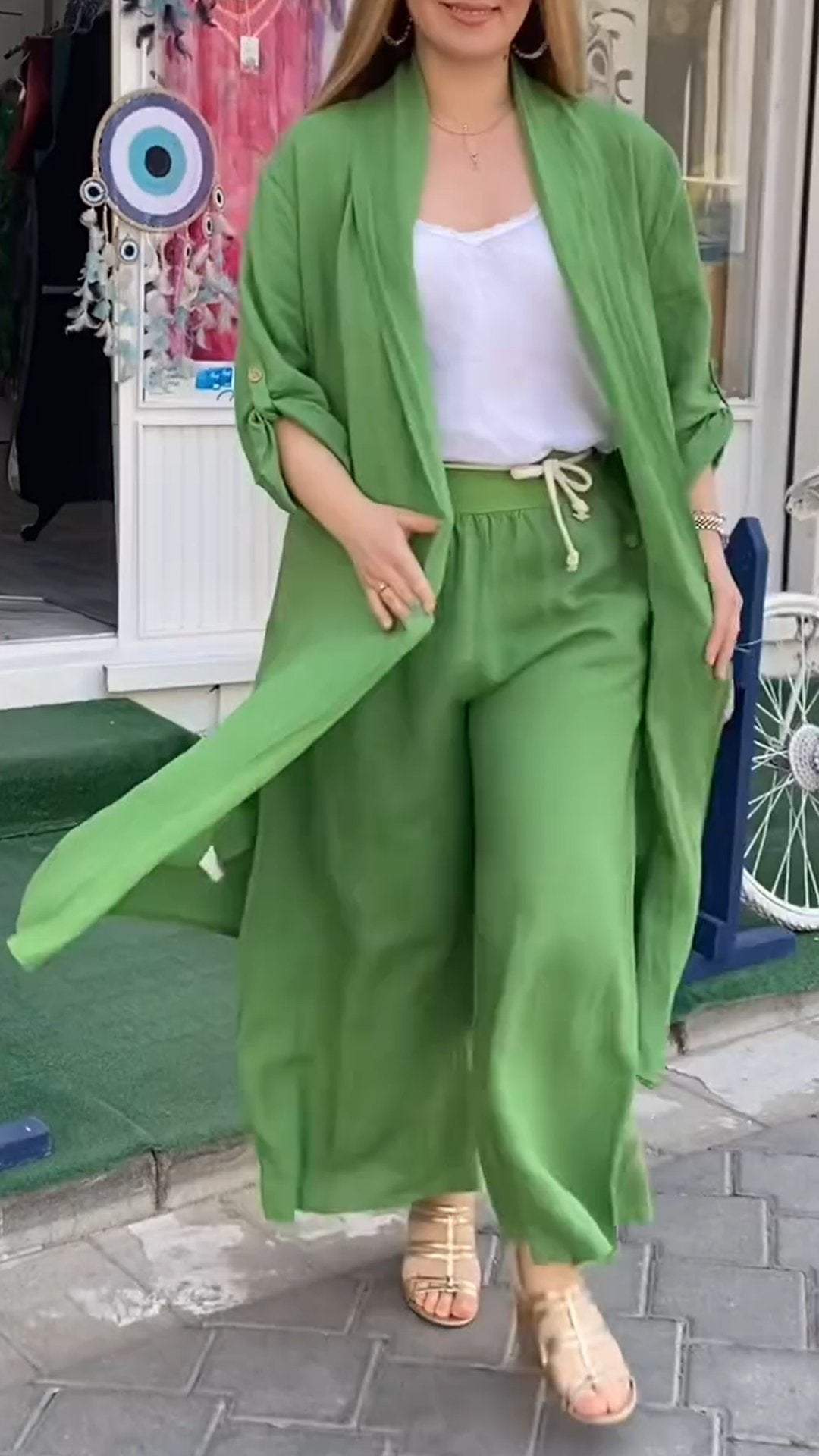 Two-Piece Set with Long Openwork Cardigan – Cecile – Green