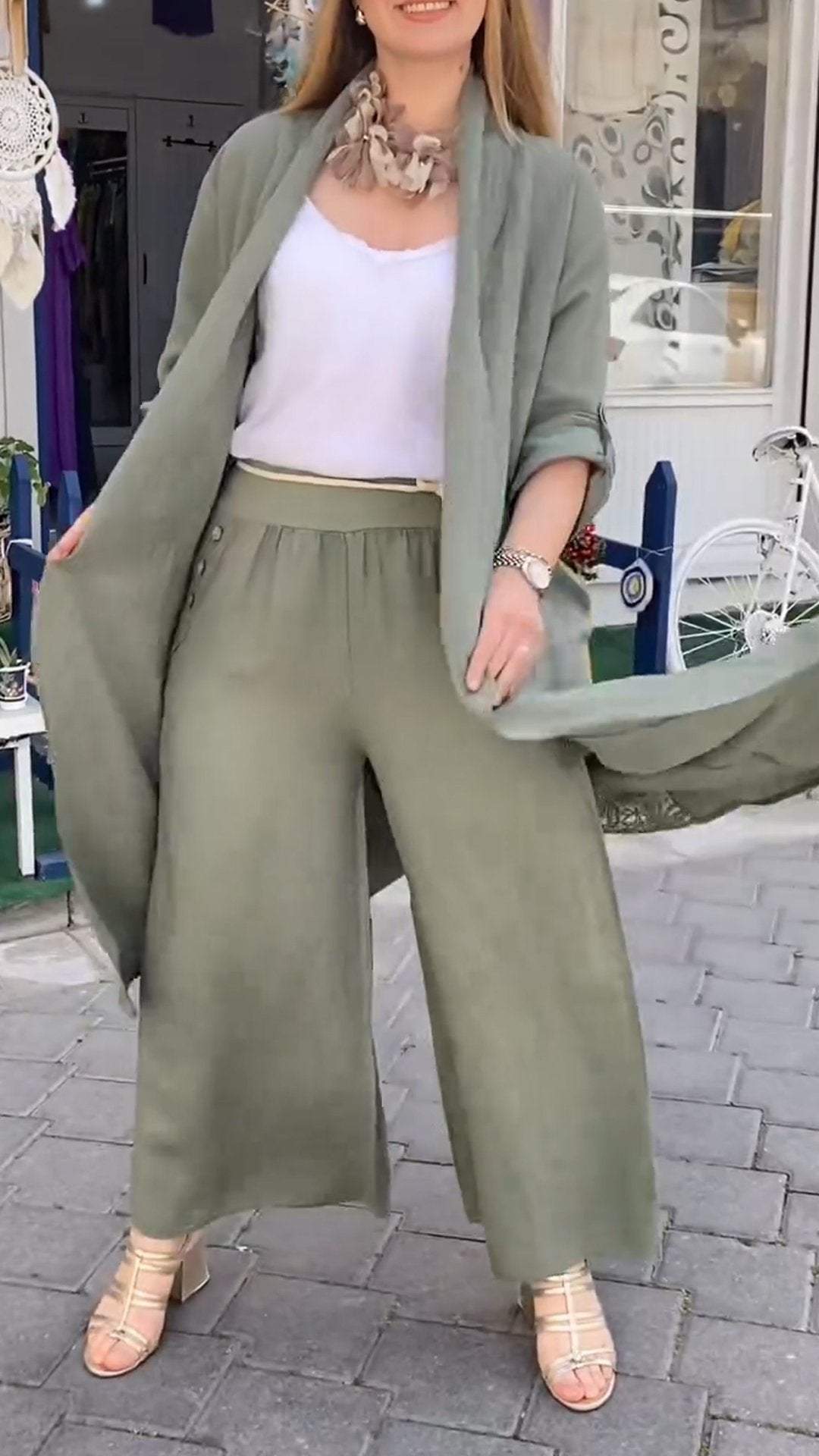 Two-Piece Set with Long Openwork Cardigan – Cecile – Bean Green