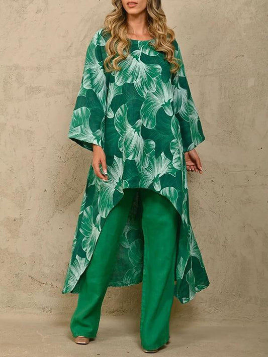 Two-Piece Set with Printed Long-Sleeve Sweater – Juno – Dark Green