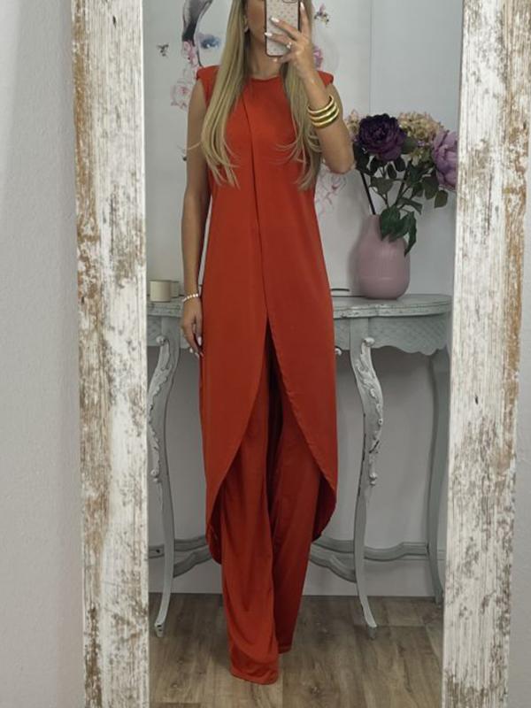 Two-Piece Set with Slit Top and Casual Pants – Vita – Red