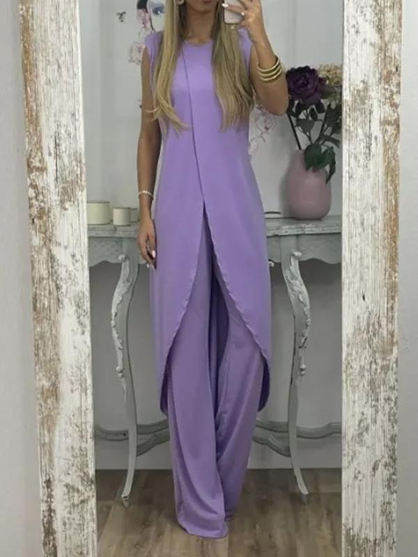 Two-Piece Set with Slit Top and Casual Pants – Vita – Purple