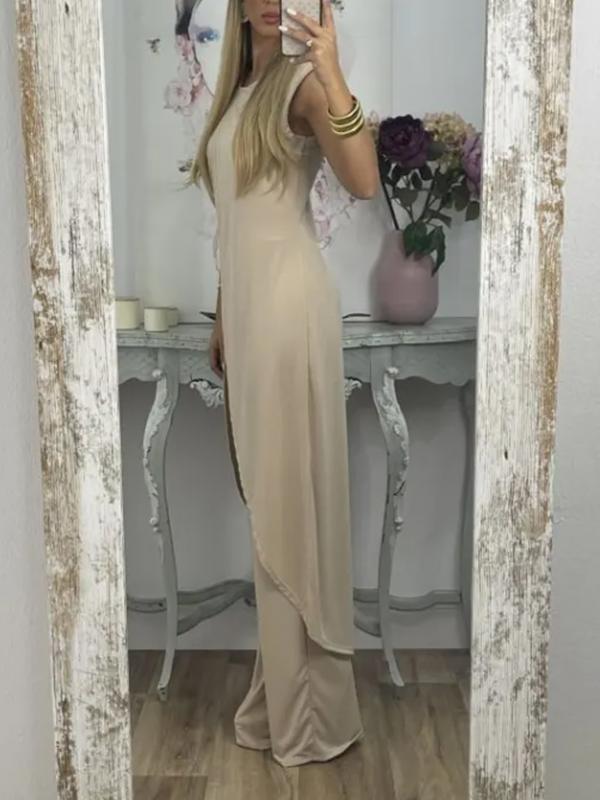 Two-Piece Set with Slit Top and Casual Pants – Vita – Khaki