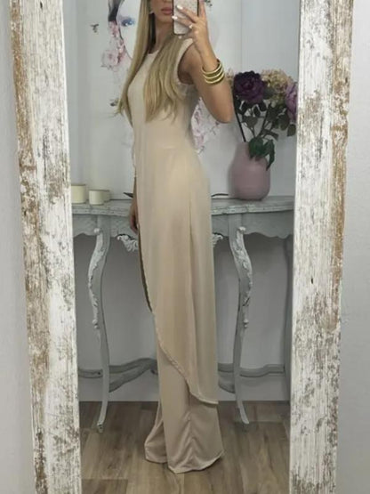 Two-Piece Set with Slit Top and Casual Pants – Vita – Khaki