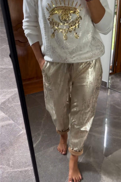 Two-Piece Sequin Top and Metallic Pants Set – Dora