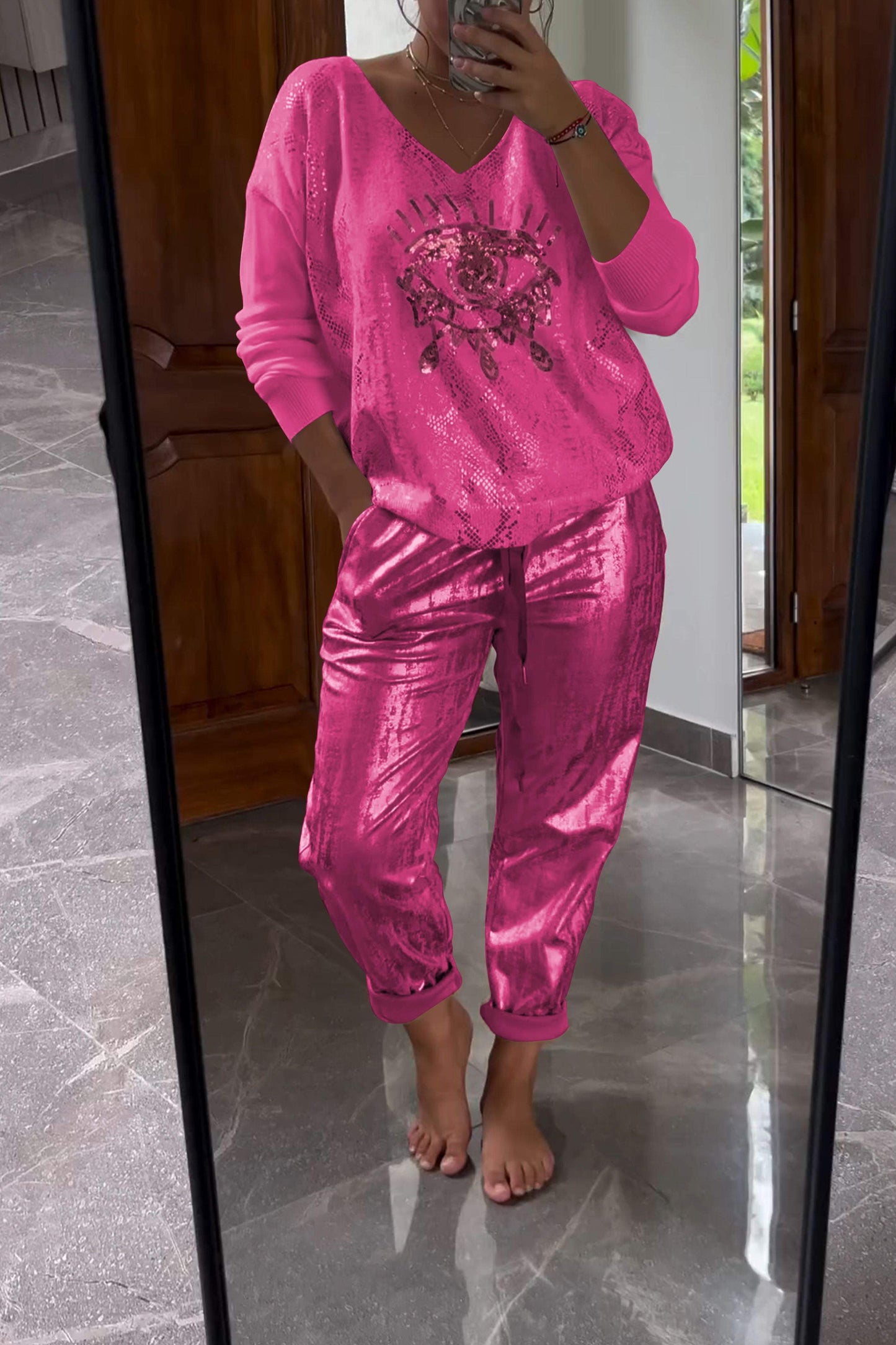 Two-Piece Sequin Top and Metallic Pants Set – Dora – Rose Red