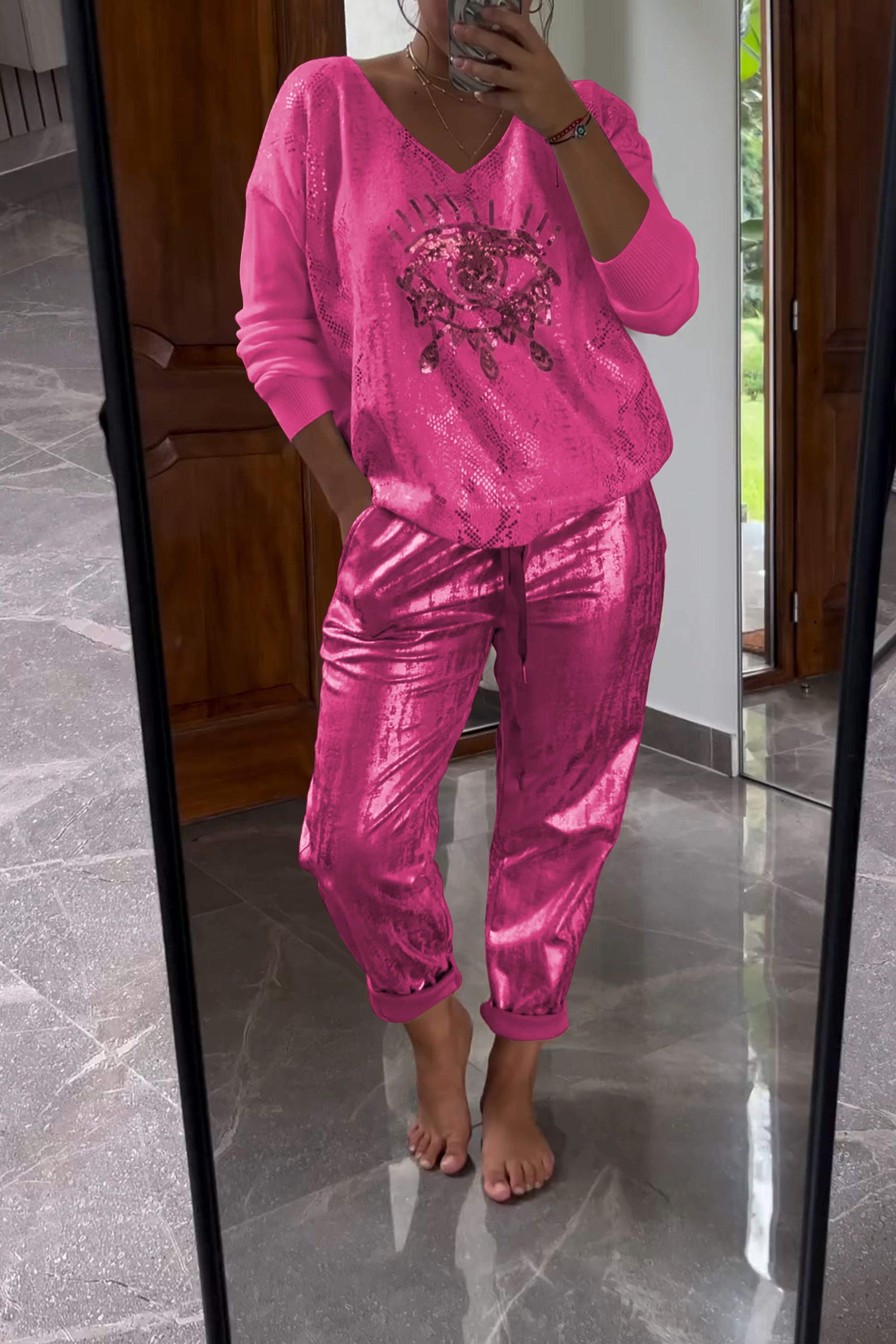 Two-Piece Sequin Top and Metallic Pants Set – Dora – Rose Red