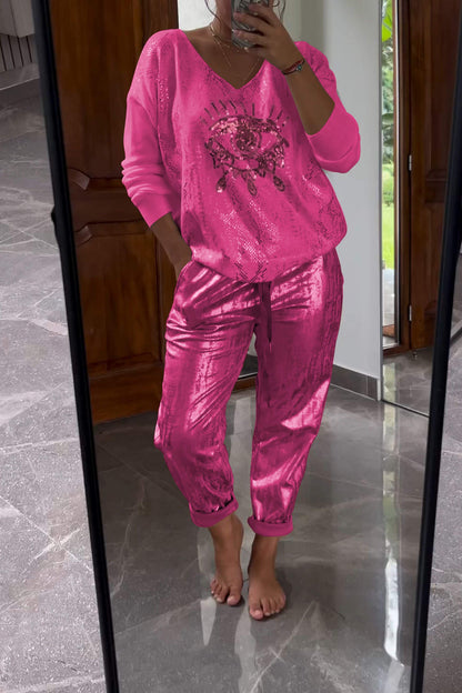 Two-Piece Sequin Top and Metallic Pants Set – Dora – Rose Red