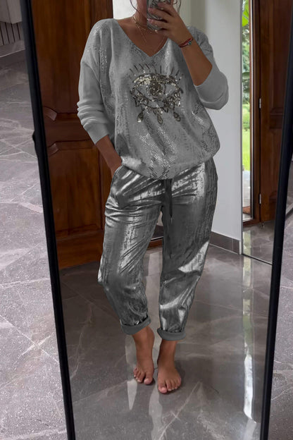 Two-Piece Sequin Top and Metallic Pants Set – Dora – Gray