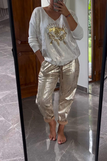 Two-Piece Sequin Top and Metallic Pants Set – Dora – Gold