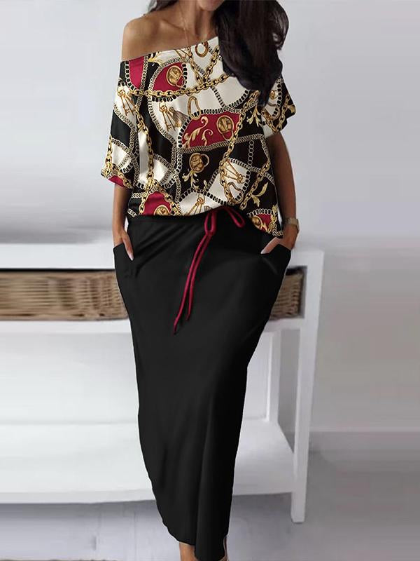 Casual Printed Off-Shoulder Top and Skirt Set – Gia – Chain Print