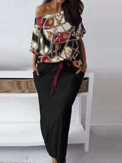 Casual Printed Off-Shoulder Top and Skirt Set – Gia – Chain Print