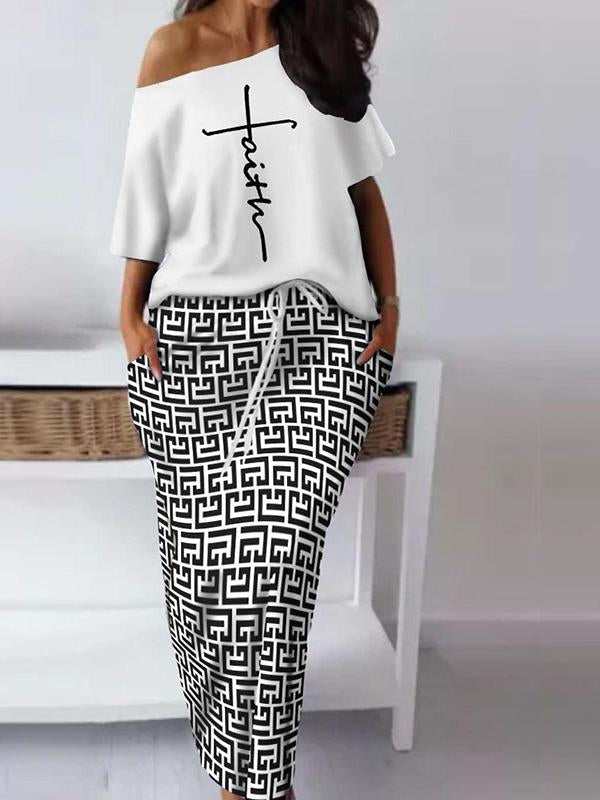 Casual Printed Off-Shoulder Top and Skirt Set – Gia – White